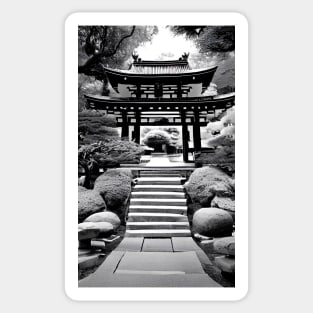 Japanese garden with shrine, black and white Sticker